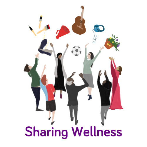 Macc's 'Sharing Our Wellness' logo showing a group of people reaching for enjoyable things such as a guitar, painting materials, a plantbox, etc.