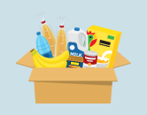 a cardboard box with the contents bananas, water, mile, cereal, soup and oil