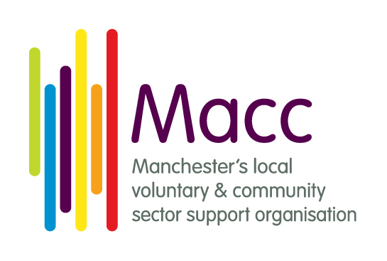 green, blue, purple, yellow, organge and red bars. Macc in purple and underneath in grey Manchester's local voluntary & community sector support organisation