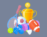 tennis racket and ball, dumbells, football, yoga mat, rugby ball and a trophy